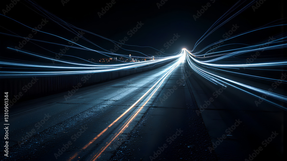 Long exposure of light trails on dark highway, showcasing dynamic movement and urban energy. illuminated lines create sense of speed and motion against night backdrop