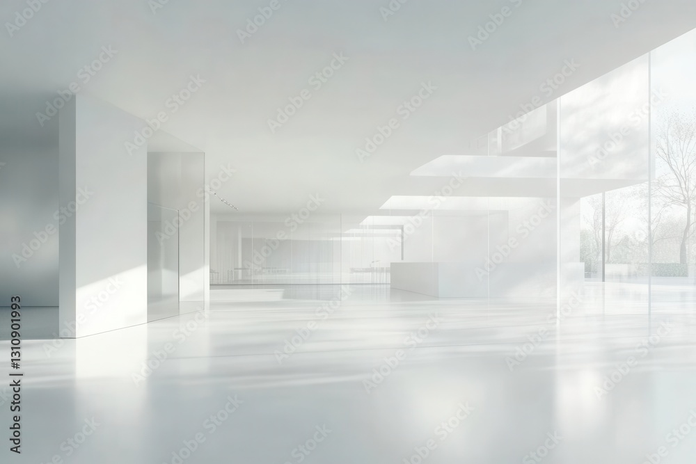 minimalist open workspace with blurred white surfaces and clean architectural lines, bathed in diffused natural light creating an airy, tranquil environment ideal for creative thinking minimalist open workspace with blurred white surfaces and clean architectural lines, bathed in diffused natural light creating an airy, tranquil environment ideal for creative thinking
