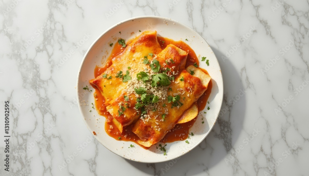 Delicious enchiladas with cheese and sauce served on a white plate Delicious enchiladas with cheese and sauce served on a white plate
