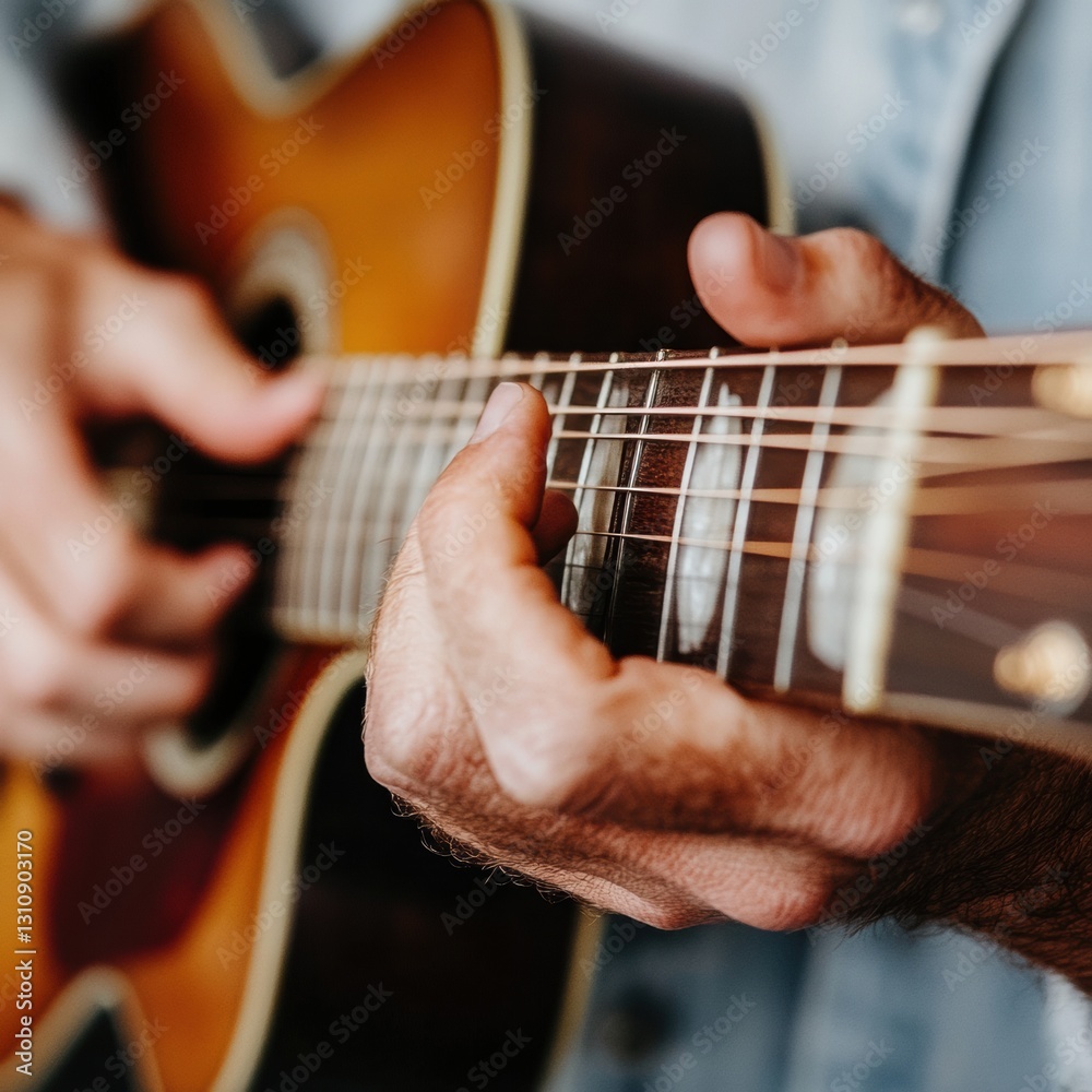 Fototapeta premium Immersive Music Education Authentic Acoustic Guitar Mastery in Warm Analog Tones - Skill-Driven Creative Learning for Digital Content Creators and Emerging Musicians