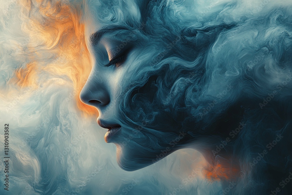 A beautiful woman with a serene expression surrounded by clouds A beautiful woman with a serene expression surrounded by clouds