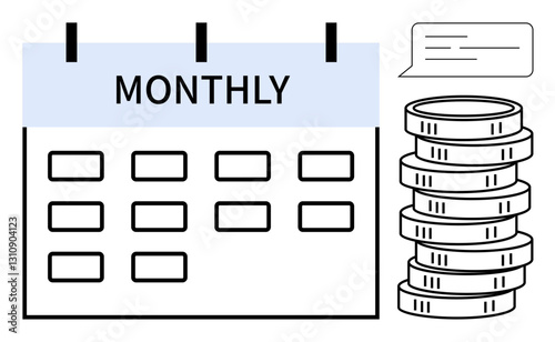 Calendar marked monthly alongside stacked coins and message bubble, representing recurring payments, planned savings, or financial goals. Ideal for budget management, saving, subscription plans, cost