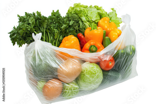 A white plastic grocery bag filled with produce