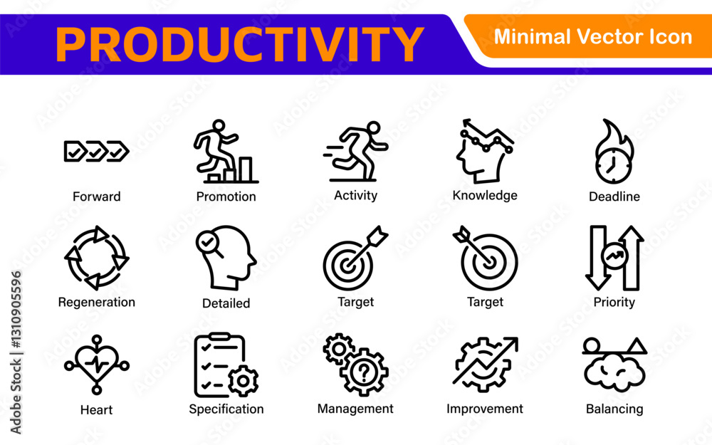 Fototapeta premium Productivity and Efficiency Icons Collection. Vector Icons for Task Management, Time Optimization, Work Process, and Goal Achievement