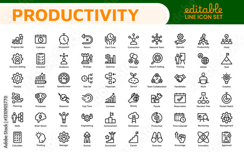 Productivity and Efficiency Icons Collection. Vector Icons for Task Management, Time Optimization, Work Process, and Goal Achievement