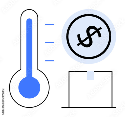 Thermometer gauge with blue filling and dollar sign magnifier emphasizing monetary targets. Ideal for fundraising, progress tracking, financial goals, budgeting, savings, economics, flat simple