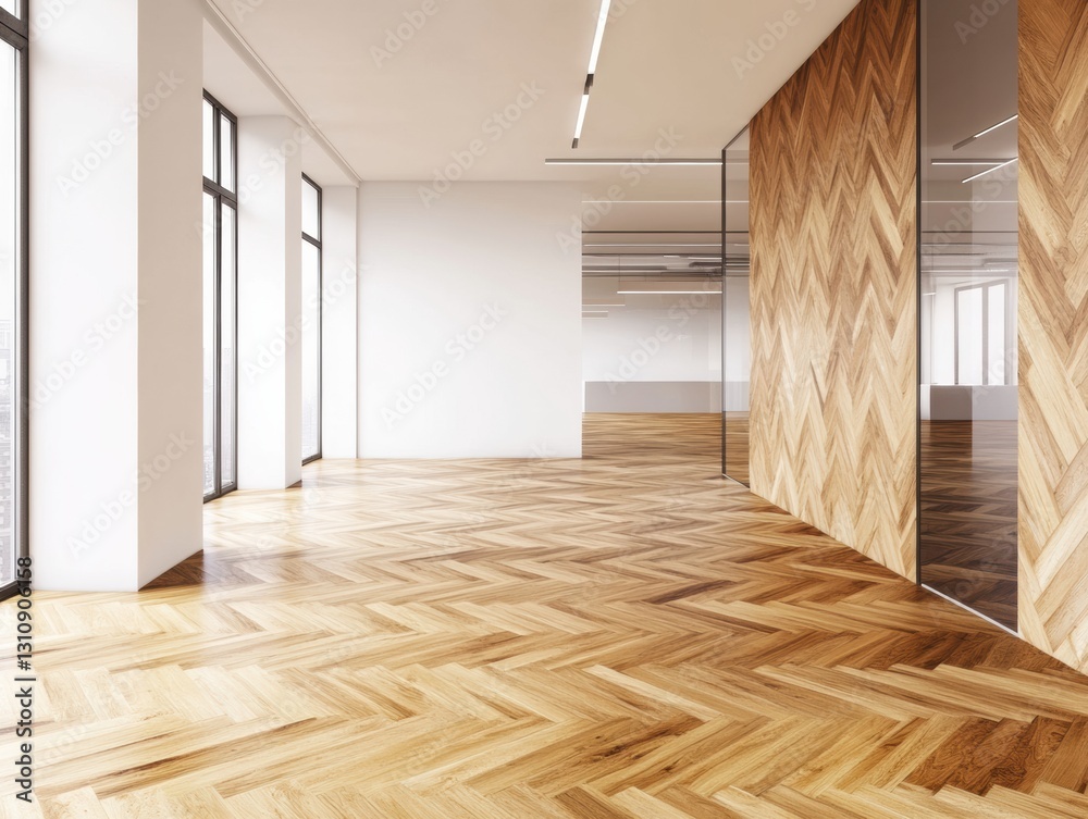 Obraz premium Transparent Workspace Evolution Minimal Modern Law Office Design with Herringbone Wood, Glass Partitions and Natural Illumination - Professional Environment Reimagined