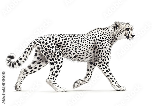 Creative line drawing of a cheetah in side view walking on a white background for artistic illustration