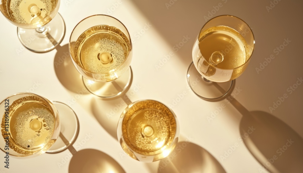 Flat lay of wine glasses with white sparkling wine. Sunshine shadow on light table. Minimal pattern with beautiful glasses above view. Still life in beige golden. Flat lay of wine glasses with white sparkling wine. Sunshine shadow on light table. Minimal pattern with beautiful glasses above view. Still life in beige golden.