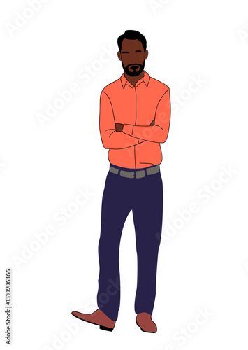 Modern black business man standing in confident pose. Stylish african american, latin guy in smart casual office outfit. Vector simple outline colorful illustration Isolated 