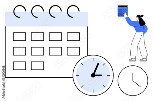 Calendar with grid layout, analog clocks, and woman using a calculator. Ideal for planning, time management, scheduling, productivity, routine, task organization flat simple metaphor