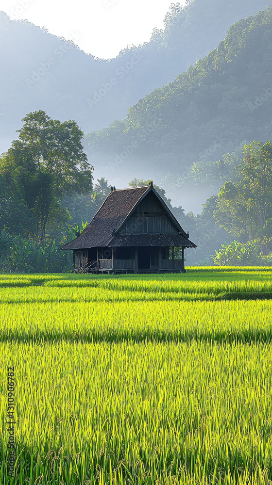 A picturesque traditional wooden hut nestled amidst expansive green rice fields under a clear blue sky A picturesque traditional wooden hut nestled amidst expansive green rice fields under a clear blue sky