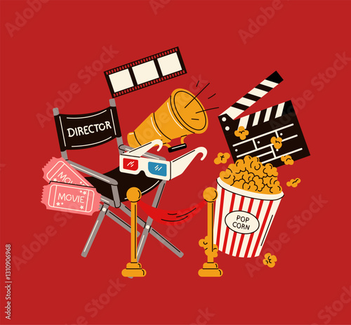 Illustration of a glamorous red carpet movie premiere scene, featuring a director’s chair, spotlight, filmstrip, and tickets, designed in a vibrant vector style.