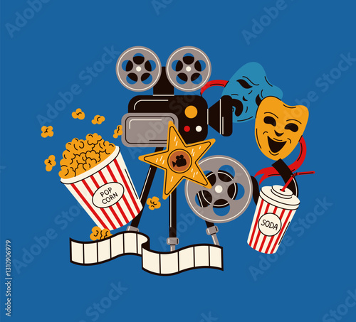 Illustration of the iconic comedy and tragedy theater masks with a cinema sign, film tickets, and 3D glasses, symbolizing movie and stage performance culture.