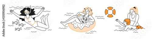 A woman relaxing on an inflatable donut-shaped float, drifting peacefully on the water, enjoying the warmth of a perfect summer day in a doodle illustration.