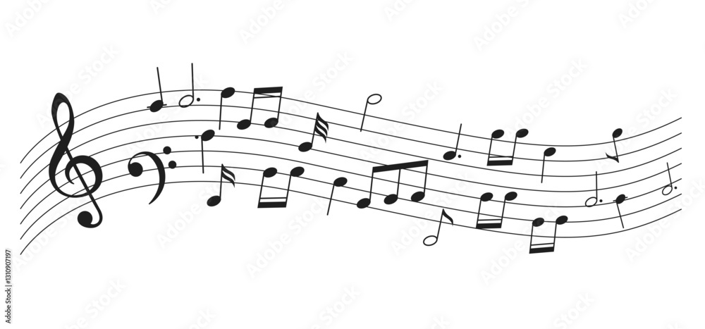 Illustration of musical notes gracefully flowing across a staff. The black notes and treble clef create a dynamic sense of rhythm and harmony. Illustration of musical notes gracefully flowing across a staff. The black notes and treble clef create a dynamic sense of rhythm and harmony.