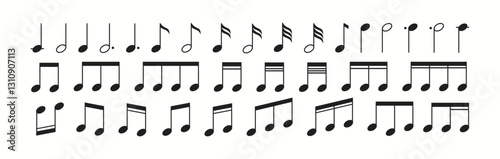 Illustration depicting diverse musical notes such as quarter, eighth, and sixteenth notes arranged in rows, showcasing different rhythmic patterns and symbols essential in musical notation.