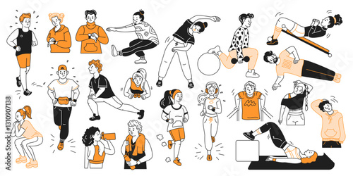 Athletes engaging in diverse physical activities color linear icons collection. Promoting healthy and active lifestyle doodle characters on white