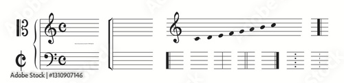 Illustration featuring various musical notations including treble and bass clefs, time signature, notes on staff lines, and bar lines in a linear arrangement.