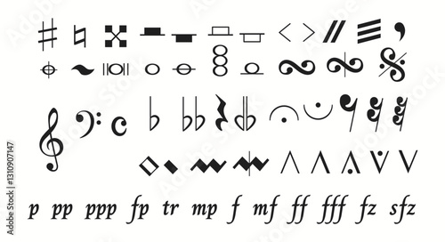 An array of musical notation symbols including dynamic markings and clefs. These symbols represent pitch, rhythm, tempo, dynamics used by musicians to perform written music.