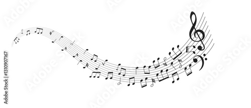 Illustration of musical notes elegantly flowing along a curved staff on a white background. The design captures the essence of melody and rhythm visually.