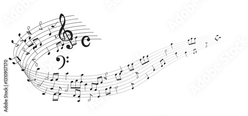 Illustration of dynamic musical notes and symbols gracefully flowing across a staff in a wavelike pattern. Representation of harmony and rhythm.