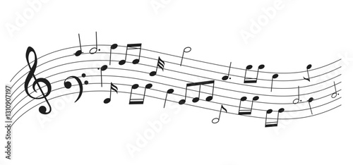 Illustration of musical notes gracefully flowing across a staff. The black notes and treble clef create a dynamic sense of rhythm and harmony.