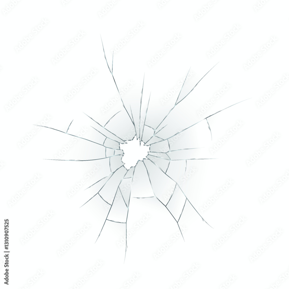 Obraz premium Illustration of a round crack formed in transparent glass surface. Jagged lines radiating from center create striking visual effect on white background.