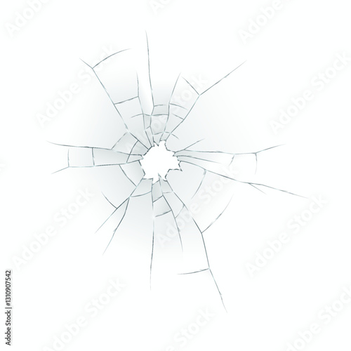 Detailed illustration of shattered glass with radiating cracks on a white backdrop, capturing a realistic impact effect. Perfect for design projects requiring dynamic visual.