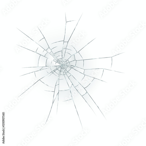Illustration shows a realistic shattered glass pattern with intricate cracks radiating outward from center. Ideal for design projects or backgrounds.
