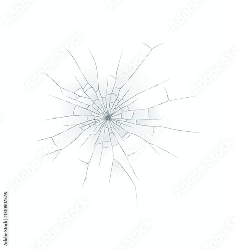Illustration of circular shattered glass pattern creating spider web effect isolated on white background. Detailed fracture lines radiate outward from center.