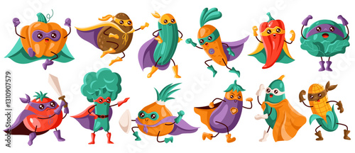 Team of superhero vegetables including pumpkin, potato, cucumber, and carrot, striking action poses in colorful capes and masks. A fun and energetic illustration for kids and healthy food promotions.