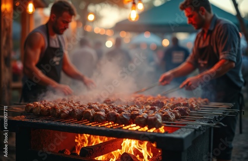 Two men grilling meat skewers at outdoor feast. Cooking shish kebab over fire, flames. Friends gathering for bar-b-q at backyard. Warm summer evening, happy people enjoy tasty dinner.
