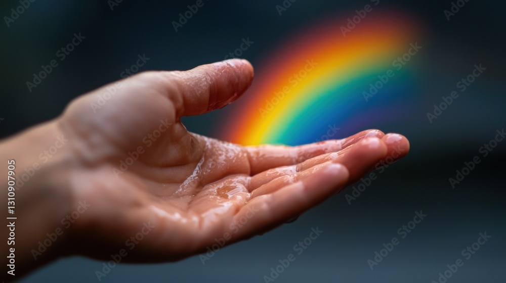 Hand holding water with a colorful rainbow above. Hand holding water with a colorful rainbow above.