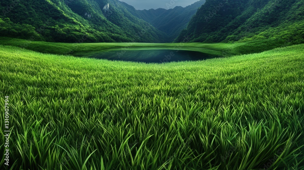 Lush green field with serene lake and mountains. Lush green field with serene lake and mountains.
