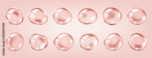 Collagen molecules forming translucent serum bubbles realistic color icons set. Intricate network structure 3d objects bundle on pink