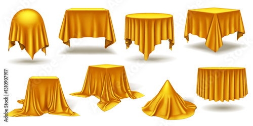 Golden silk and satin fabric forming geometric shapes realistic color icons set. Elegant grand event opening 3d objects bundle on white background