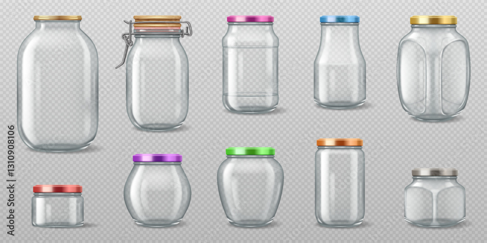 Realistic 3D illustration of a collection of different transparent glass jars with metal lids. Suitable for food storage, packaging, and product design. Realistic 3D illustration of a collection of different transparent glass jars with metal lids. Suitable for food storage, packaging, and product design.
