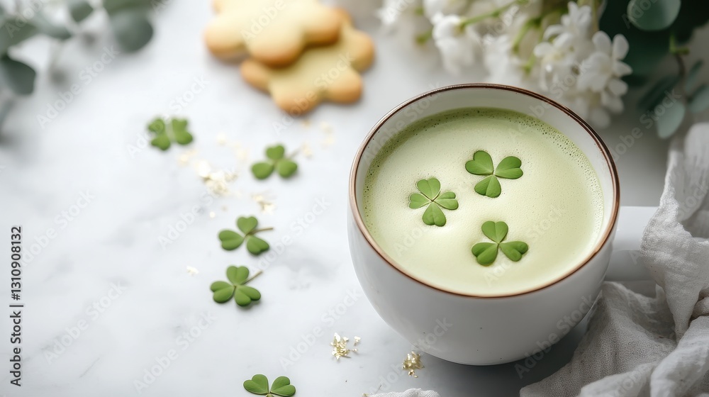 Matcha latte with four clover cookie on white background,hot green tea,Lucky clover leaves,Patricks day watercolor clipart,Spring flower pattern,St. Patrick s day seamless pattern. Matcha latte with four clover cookie on white background,hot green tea,Lucky clover leaves,Patricks day watercolor clipart,Spring flower pattern,St. Patrick s day seamless pattern.