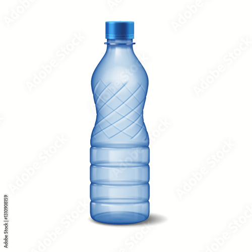 Illustration of transparent blue plastic bottle displaying grid pattern design set against white background. Ideal for concepts of hydration and sustainable packaging.