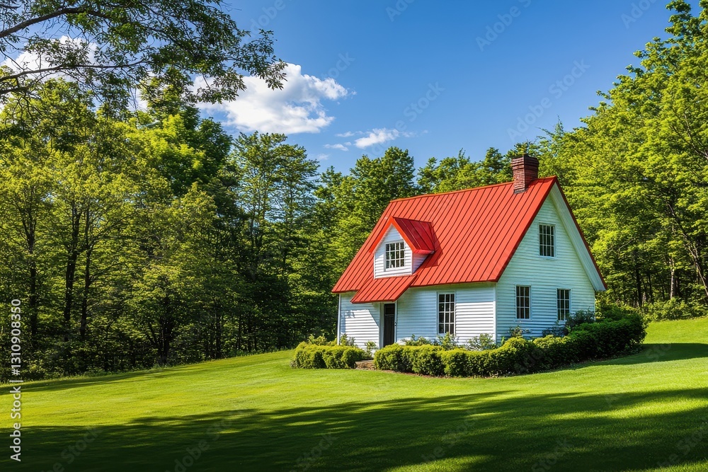 White house with a vibrant red roof, nestled in a lush green landscape. Ideal for real estate, home, and nature-related projects. White house with a vibrant red roof, nestled in a lush green landscape. Ideal for real estate, home, and nature-related projects.