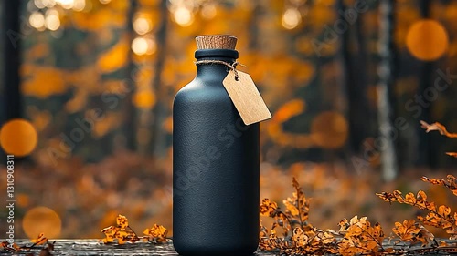 Dark bottle on wooden surface autumn forest background.  Possible use product photography