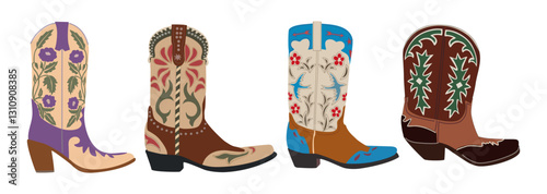 Set of different cowgirl boots. Traditional western cowboy boots decorated with embroidered wild west ornament. Realistic vector art illustrations isolated 