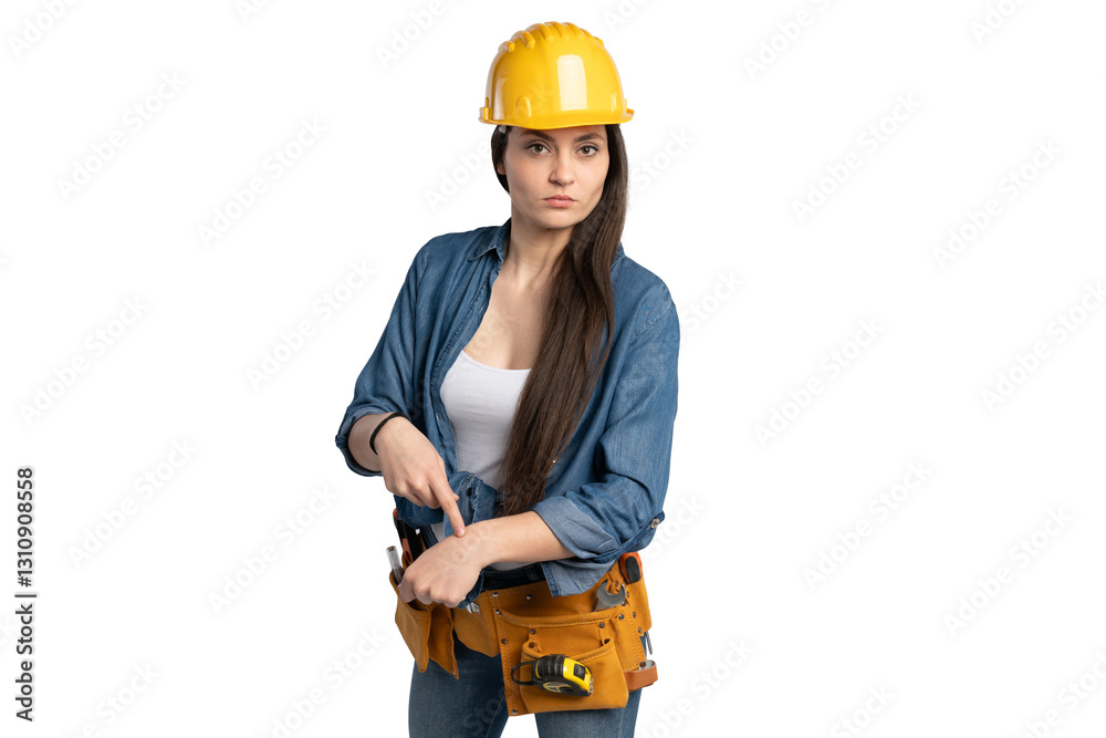 Construction worker pointing at her wrist, Construction worker pointing at her wrist,