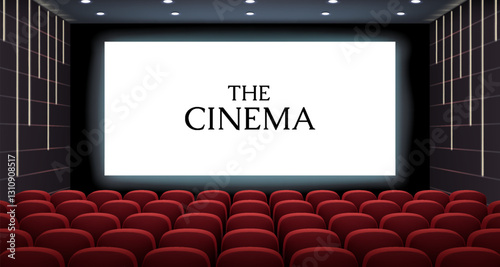 A high-quality 3D vector image of a modern cinema hall featuring a futuristic interior with stylish wall lighting and a glowing widescreen display for a premium experience.
