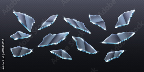 Realistic 3D illustration of broken glass pieces scattered on a dark background. Suitable for destruction scenes, dramatic visuals, and impact effects.