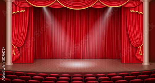 A stunning 3D-rendered vector illustration of a grand theater stage with golden curtain details, wooden columns, and dramatic spotlights enhancing the artistic atmosphere.