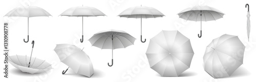 Blank parasols showing various views realistic color icons set. Accessory in different perspectives 3d objects bundle on white background
