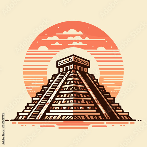 Stylized illustration of an ancient Mayan pyramid at sunset.