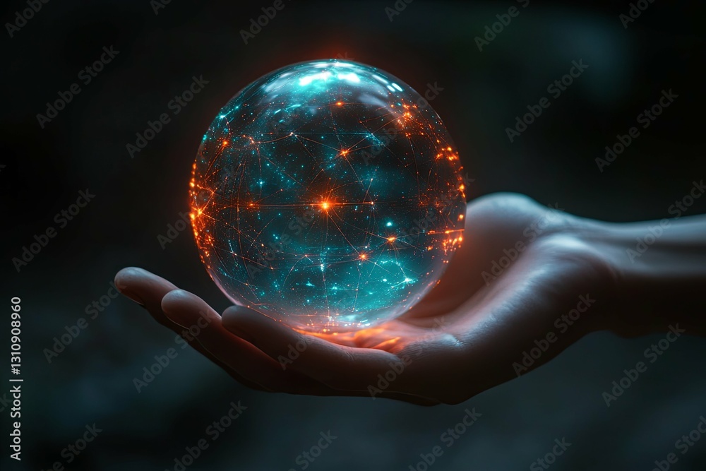 A glowing orb with networked lights held in a hand A glowing orb with networked lights held in a hand
